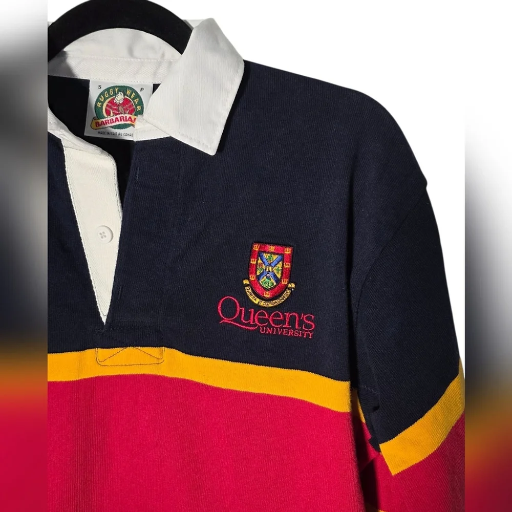 Barbarian Rugby Wear Queen’s University Rugby Shirt Small Navy Red Yellow Stripe - Picture 4 of 11